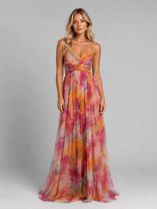 Ada | Women's Floral V-Neck Maxi Dress, Flowing Silhouette Evening Dress | My Sweet Wardrobe | Orange