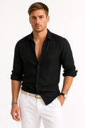 Adam | Men's Linen Oxford Shirt with Rolled Sleeves, Button-Down Casual Shirt | My Sweet Wardrobe | Black