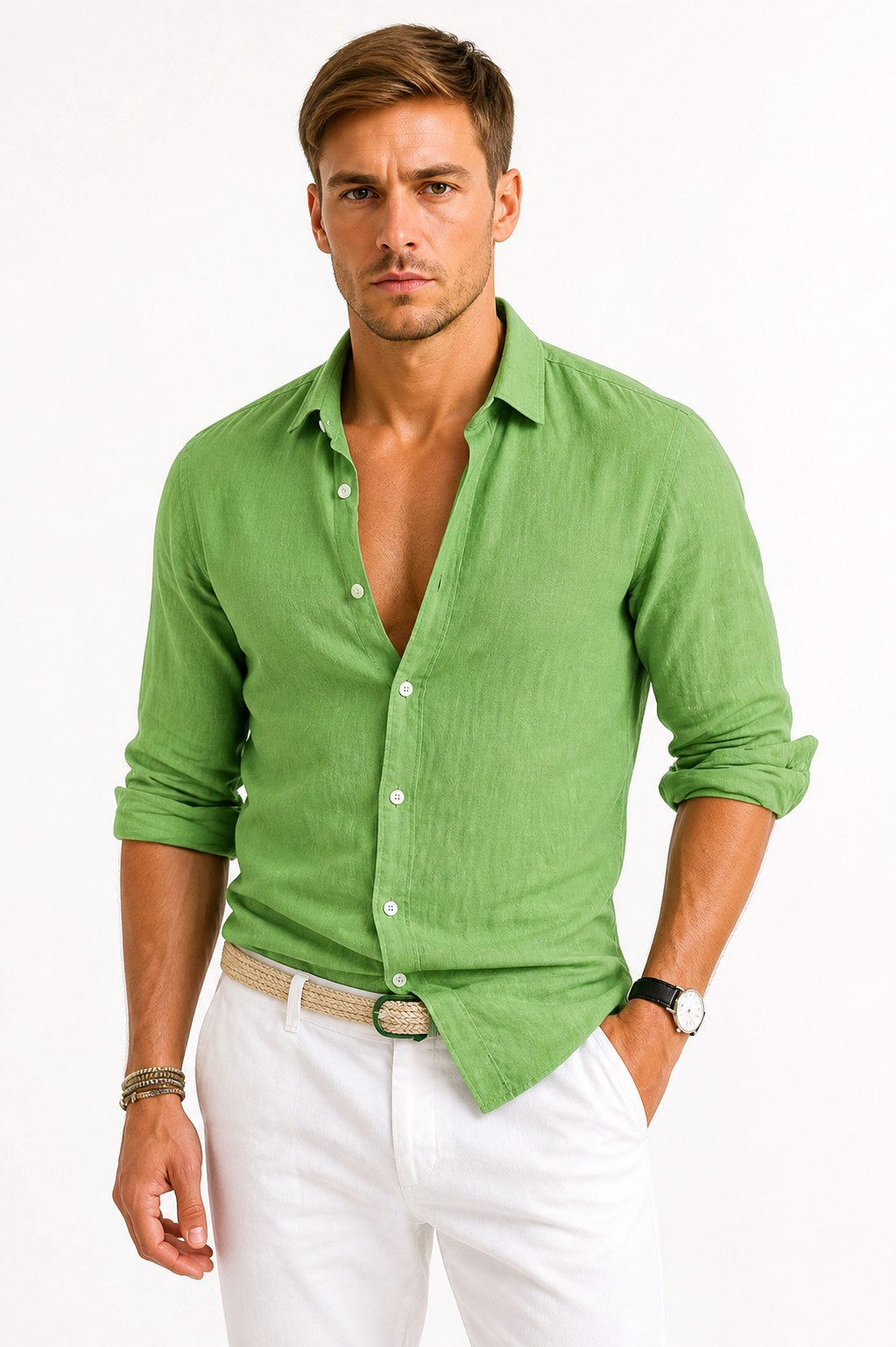 Adam | Men's Linen Oxford Shirt with Rolled Sleeves, Button-Down Casual Shirt | My Sweet Wardrobe | Green