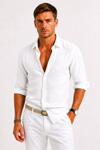 Adam | Men's Linen Oxford Shirt with Rolled Sleeves, Button-Down Casual Shirt | My Sweet Wardrobe | White