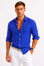 Adam | Men's Linen Oxford Shirt with Rolled Sleeves, Button-Down Casual Shirt | My Sweet Wardrobe | Beige
