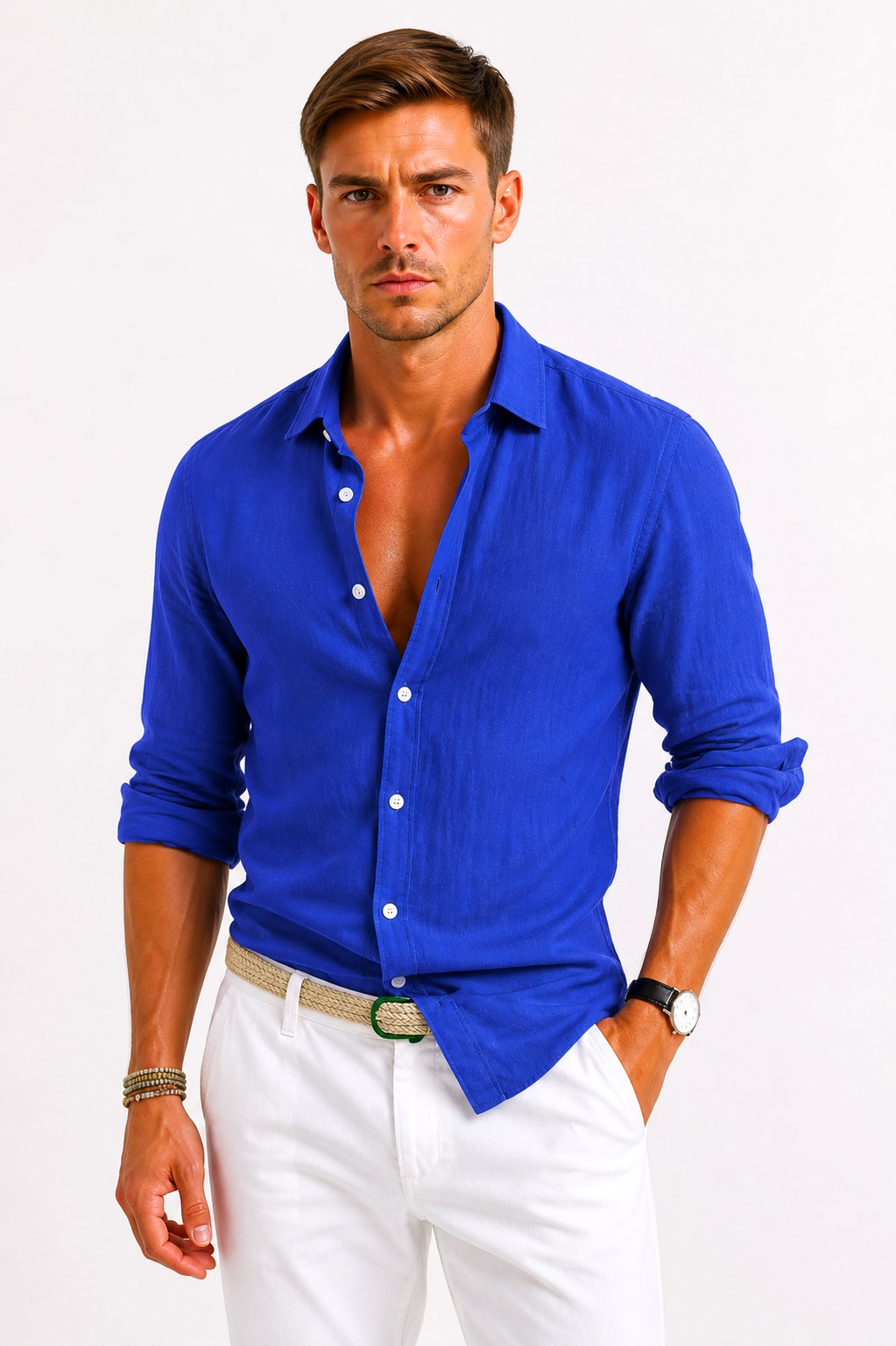 Adam | Men's Linen Oxford Shirt with Rolled Sleeves, Button-Down Casual Shirt | My Sweet Wardrobe | Beige