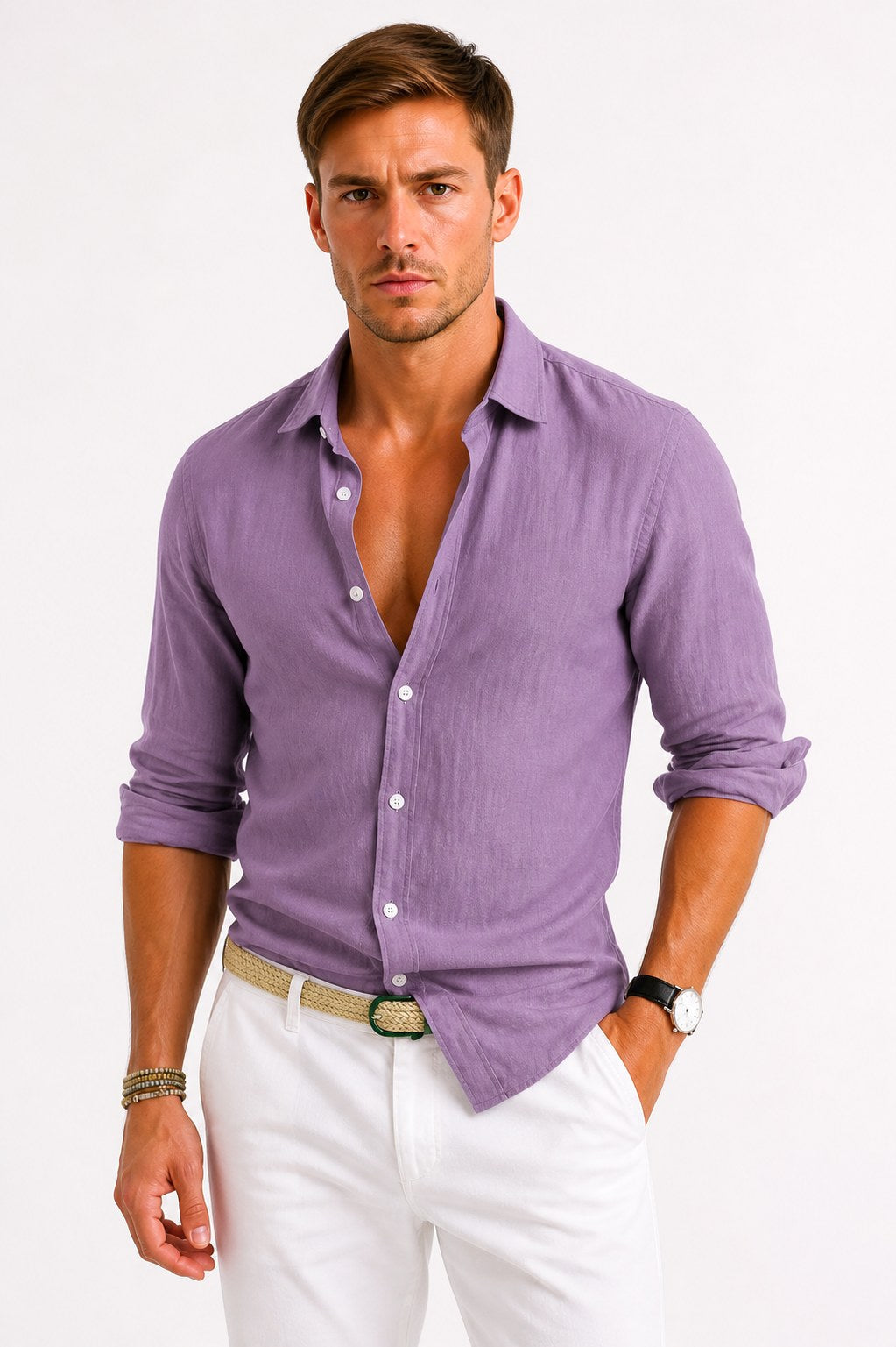 Adam | Men's Linen Oxford Shirt with Rolled Sleeves, Button-Down Casual Shirt | My Sweet Wardrobe | Blue