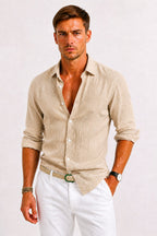 Adam | Men's Linen Oxford Shirt with Rolled Sleeves, Button-Down Casual Shirt | My Sweet Wardrobe | Light Blue