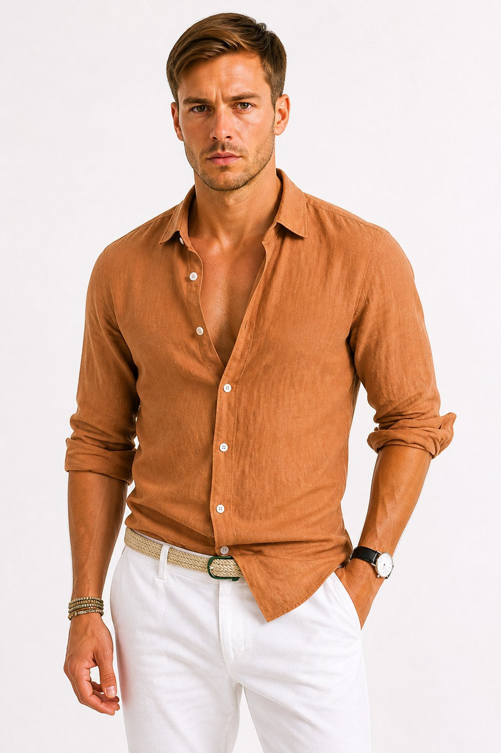 Adam | Men's Linen Oxford Shirt with Rolled Sleeves, Button-Down Casual Shirt | My Sweet Wardrobe | Brown