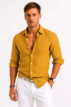 Adam | Men's Linen Oxford Shirt with Rolled Sleeves, Button-Down Casual Shirt | My Sweet Wardrobe | Mustard