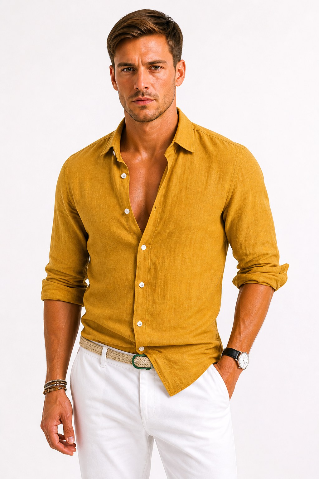 Adam | Men's Linen Oxford Shirt with Rolled Sleeves, Button-Down Casual Shirt | My Sweet Wardrobe | Mustard