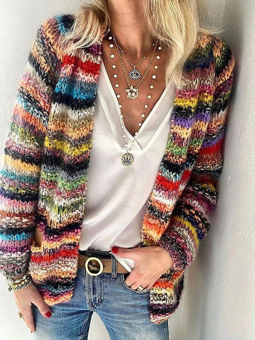 Adele | Women's Open Front Striped Knit Cardigan, Long Sleeve Layering Cardigan | My Sweet Wardrobe | Multi