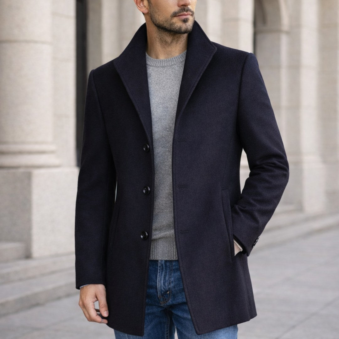 Aiden | Men's Long Winter Coat with Classic Tailoring, Refined Autumn Coat | My Sweet Wardrobe | Navy Blue
