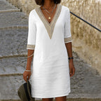 Alice | Women's Cotton and Linen Midi Dress, V-Neck Lace Detail Midi Dress | My Sweet Wardrobe