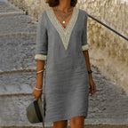 Alice | Women's Cotton and Linen Midi Dress, V-Neck Lace Detail Midi Dress | My Sweet Wardrobe