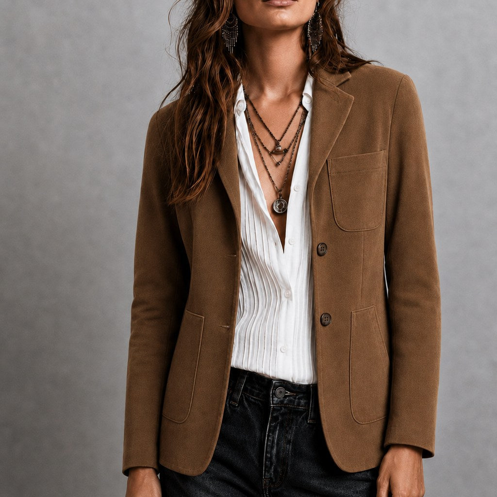 Amandine | Women's Suede Blazer with Notch Lapel, Patch Pocket Jacket | My Sweet Wardrobe | Brown