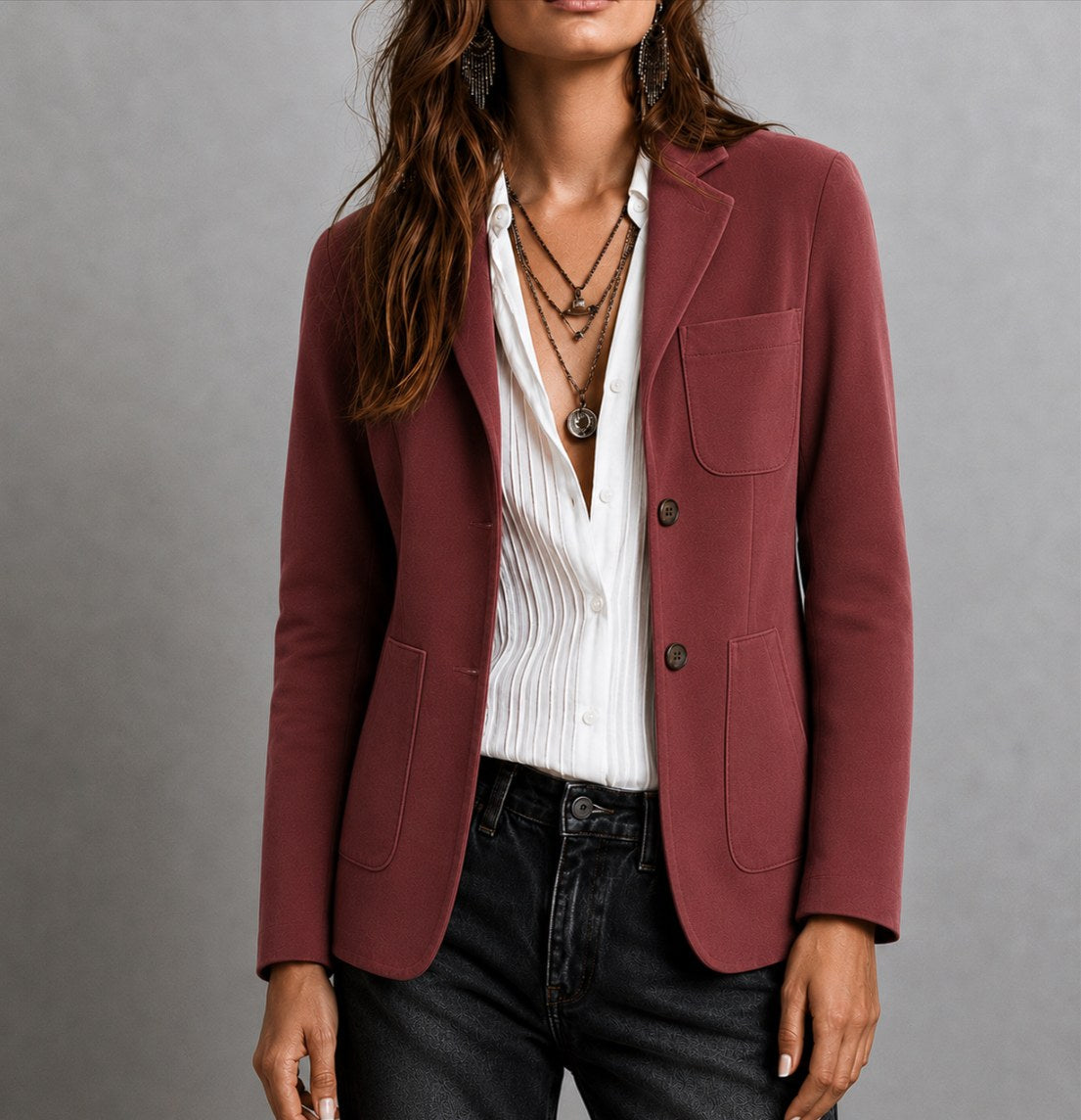 Amandine | Women's Suede Blazer with Notch Lapel, Patch Pocket Jacket | My Sweet Wardrobe | Red