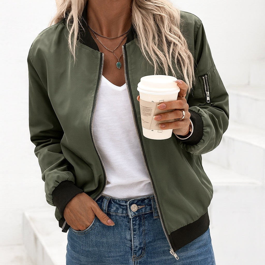 Ariane | Women's Classic Zip Bomber Jacket, Streamlined Lightweight Jacket | My Sweet Wardrobe | Army green