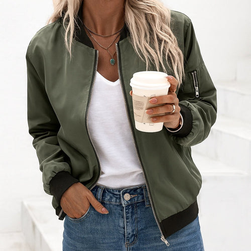 Ariane | Women's Classic Zip Bomber Jacket, Streamlined Lightweight Jacket | My Sweet Wardrobe | Army green