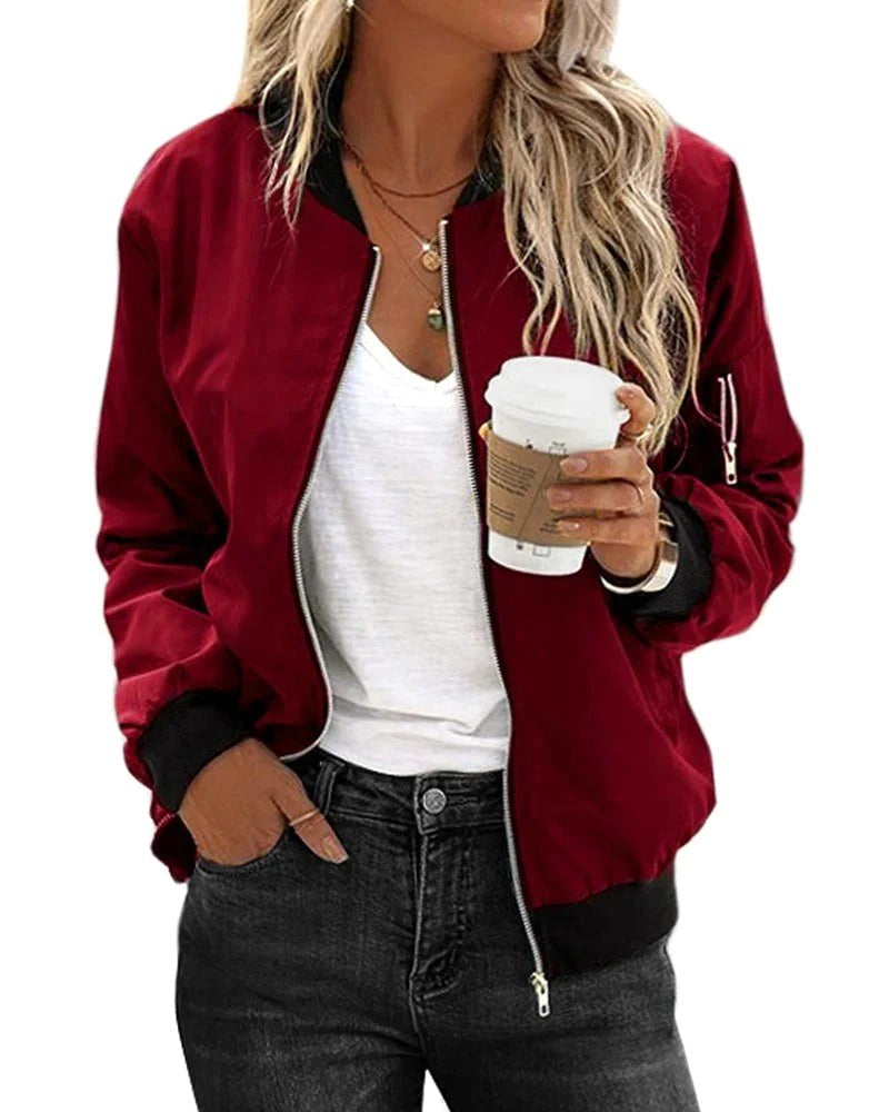 Ariane | Women's Classic Zip Bomber Jacket, Streamlined Lightweight Jacket | My Sweet Wardrobe | Red