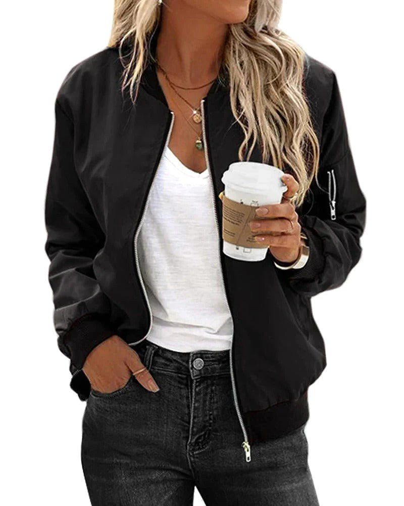 Ariane | Women's Classic Zip Bomber Jacket, Streamlined Lightweight Jacket | My Sweet Wardrobe | Black