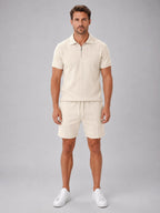 Ashley | Men's Zip Polo Shirt and Shorts Set, Relaxed Two-Piece Set | My Sweet Wardrobe | Beige