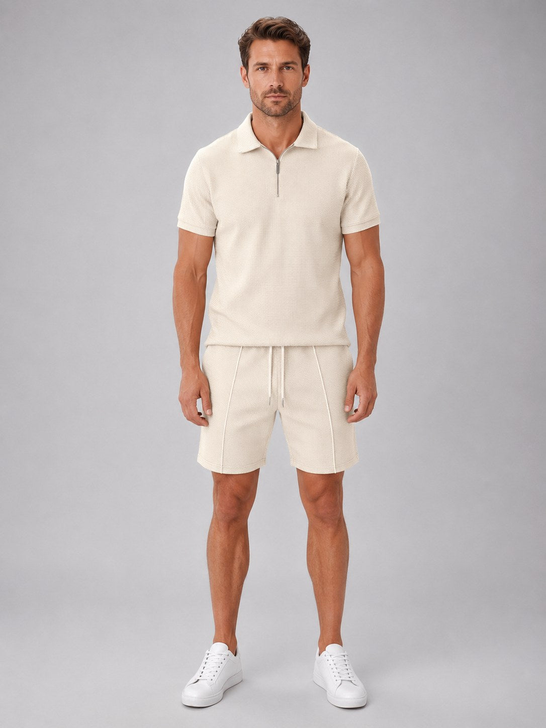 Ashley | Men's Zip Polo Shirt and Shorts Set, Relaxed Two-Piece Set | My Sweet Wardrobe | Beige