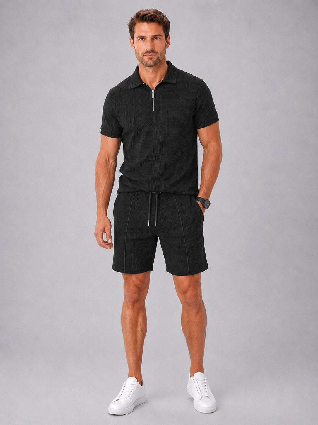 Ashley | Men's Zip Polo Shirt and Shorts Set, Relaxed Two-Piece Set | My Sweet Wardrobe