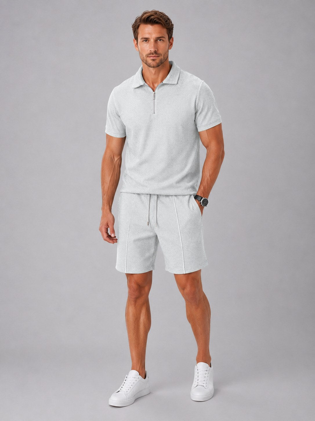 Ashley | Men's Zip Polo Shirt and Shorts Set, Relaxed Two-Piece Set | My Sweet Wardrobe