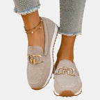 Aubrey | Women's Slip-On Loafer Sneakers, Woven Hybrid Trainers | Dressific | Khaki