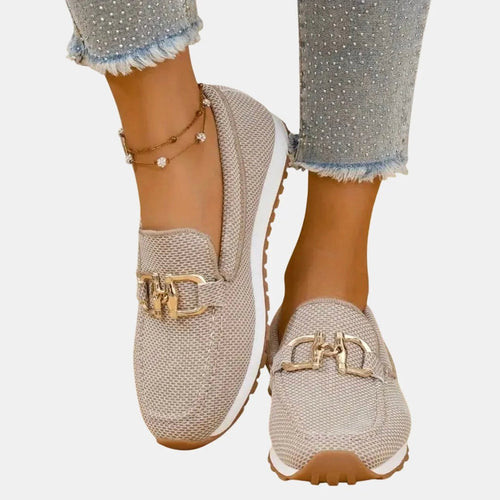 Aubrey | Women's Slip-On Loafer Sneakers, Woven Hybrid Trainers | Dressific | Khaki