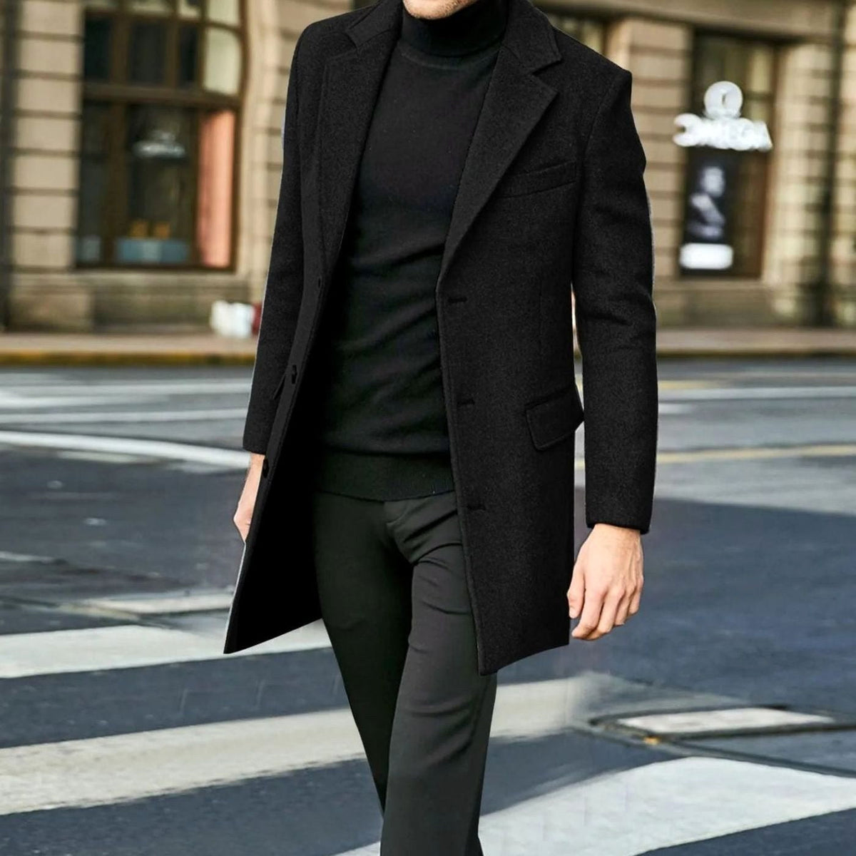 August | Men's Tailored Wool-Blend Coat with Single-Breasted Fastening, Elegant Winter Coat | My Sweet Wardrobe | Black