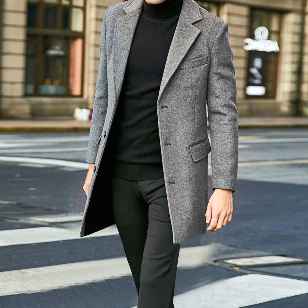 August | Men's Tailored Wool-Blend Coat with Single-Breasted Fastening, Elegant Winter Coat | My Sweet Wardrobe | Black