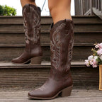 Aurelia | Women's Knee-High Cowgirl Boots with Embroidery, Block Heel Western Boots | My Sweet Wardrobe | Brown