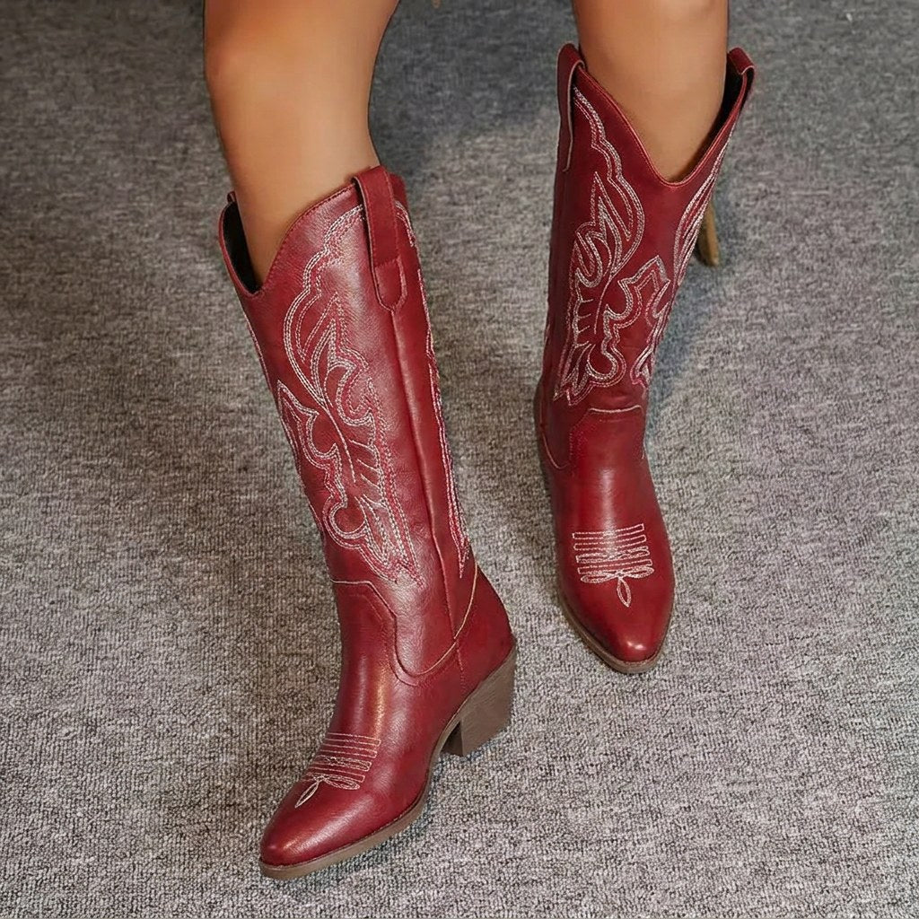 Aurelia | Women's Knee-High Cowgirl Boots with Embroidery, Block Heel Western Boots | My Sweet Wardrobe