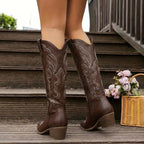 Aurelia | Women's Knee-High Cowgirl Boots with Embroidery, Block Heel Western Boots | My Sweet Wardrobe | Black
