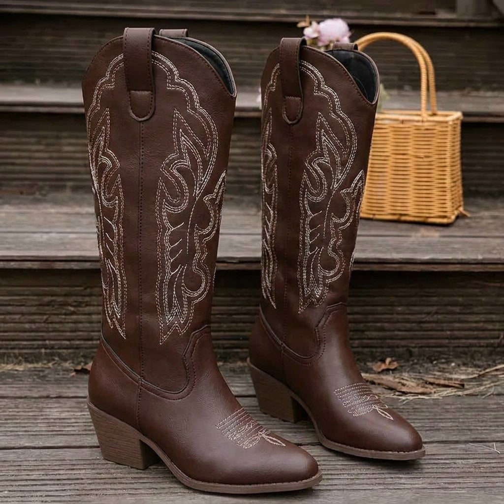 Aurelia | Women's Knee-High Cowgirl Boots with Embroidery, Block Heel Western Boots | My Sweet Wardrobe