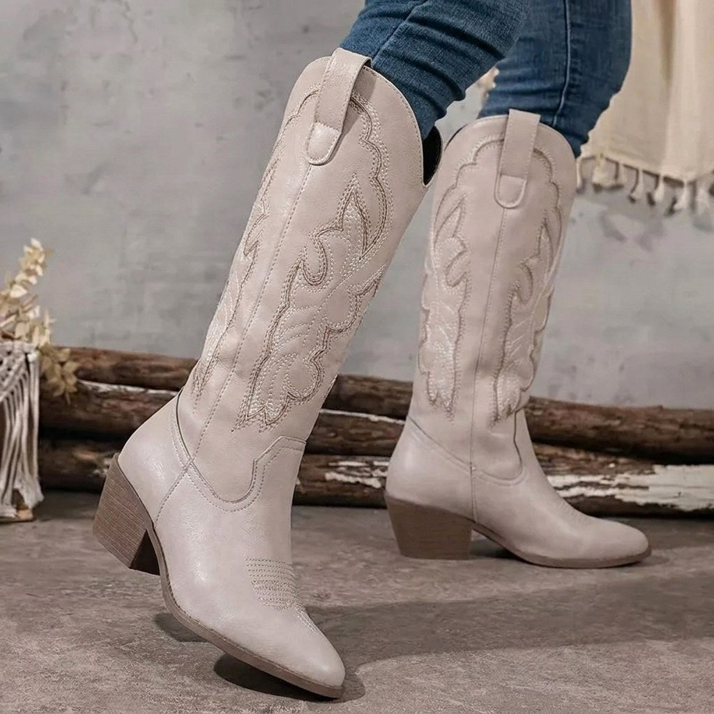 Aurelia | Women's Knee-High Cowgirl Boots with Embroidery, Block Heel Western Boots | My Sweet Wardrobe