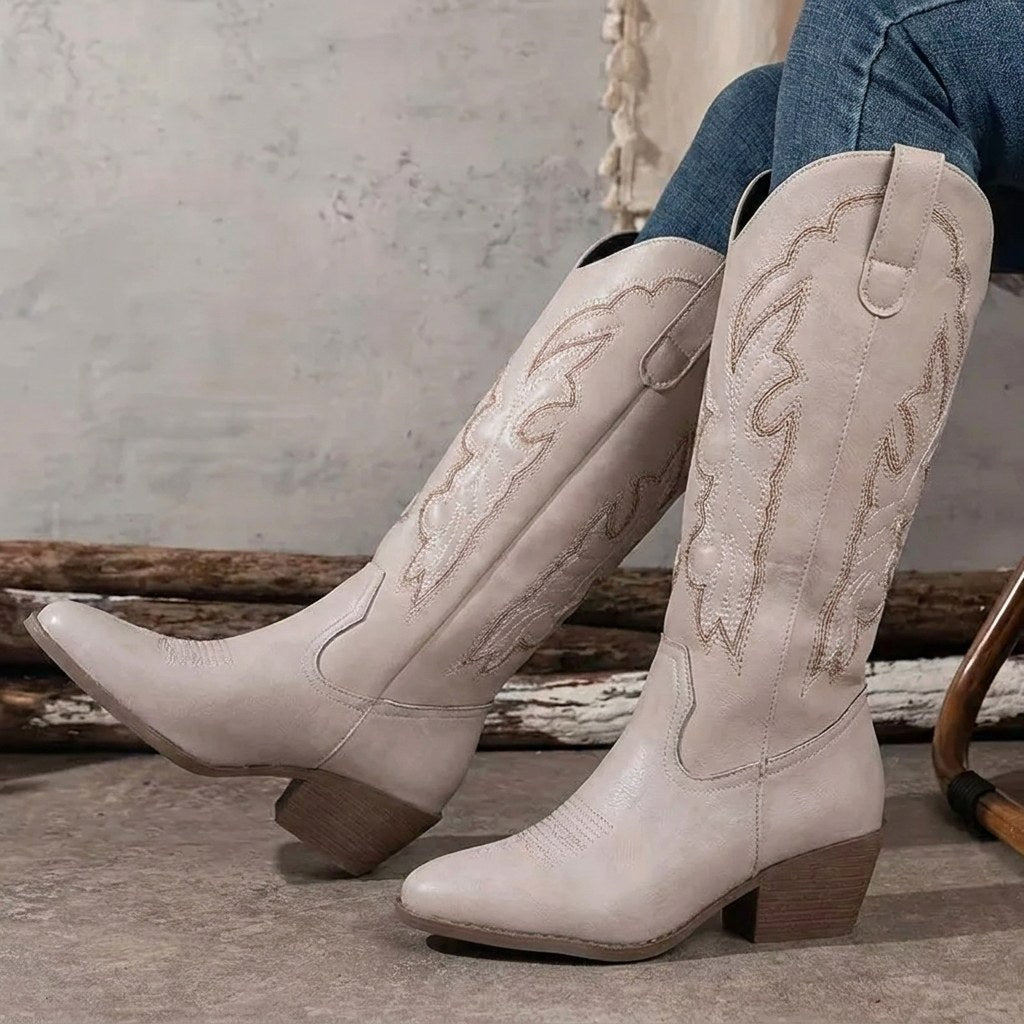 Aurelia | Women's Knee-High Cowgirl Boots with Embroidery, Block Heel Western Boots | My Sweet Wardrobe