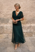 Aurelie | Women's V-Neck Chiffon Maxi Dress, Flowing Ankle-Length Dress | My Sweet Wardrobe | Dark Green