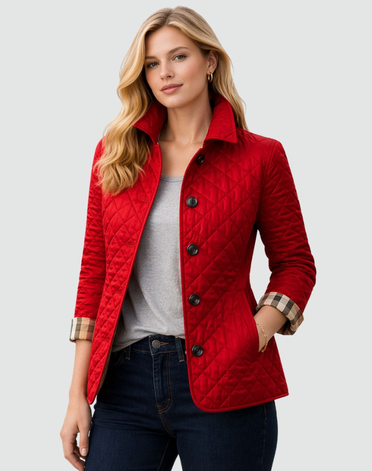 Marianne | Women's Quilted Button-Front Jacket, Lightweight Structured Coat | My Sweet Wardrobe | Red
