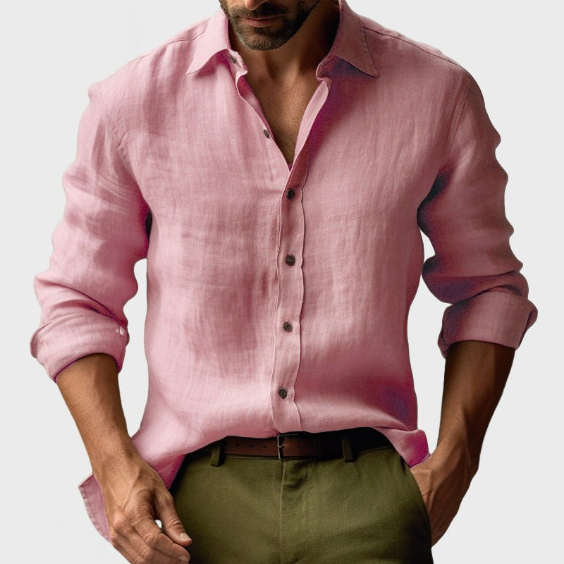 Benjamin | Men's Linen Shirt with Button-Down Collar, Long Sleeves Casual Shirt | My Sweet Wardrobe | Pink