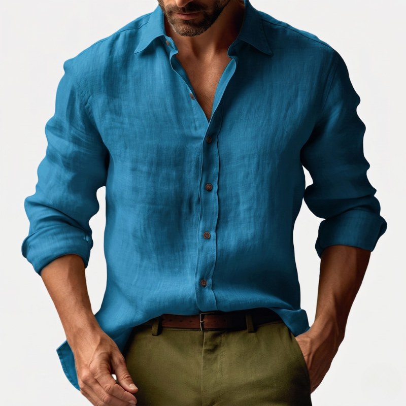 Benjamin | Men's Linen Shirt with Button-Down Collar, Long Sleeves Casual Shirt | My Sweet Wardrobe | Blue
