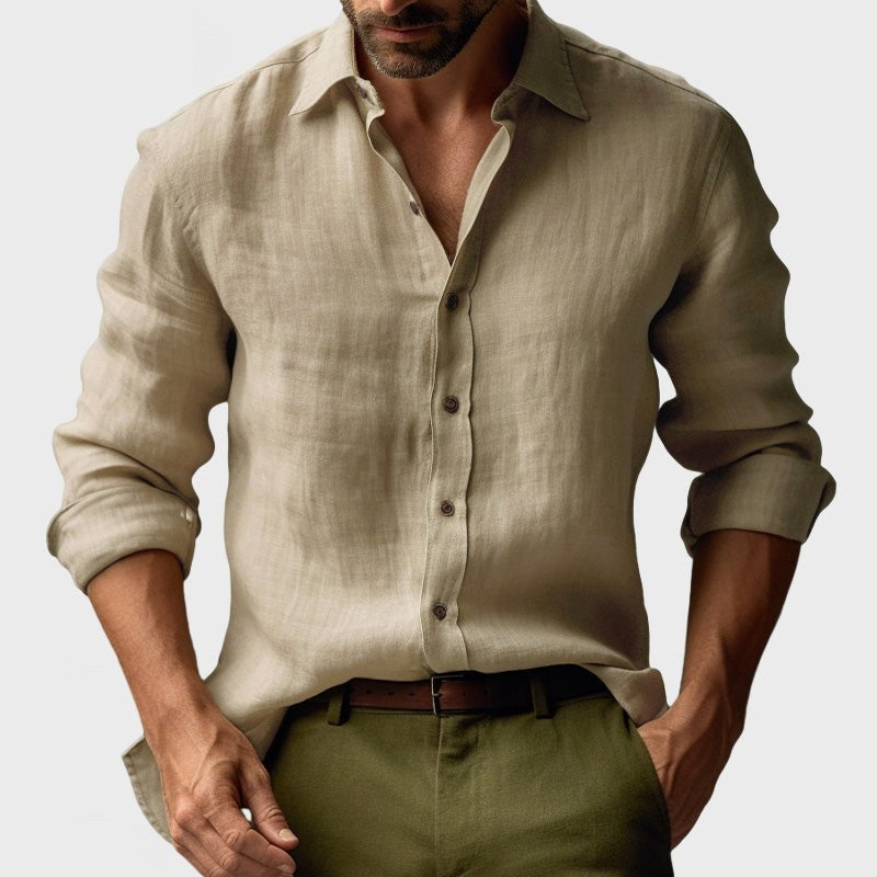 Benjamin | Men's Linen Shirt with Button-Down Collar, Long Sleeves Casual Shirt | My Sweet Wardrobe | Khaki