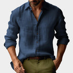 Benjamin | Men's Linen Shirt with Button-Down Collar, Long Sleeves Casual Shirt | My Sweet Wardrobe | Navy Blue