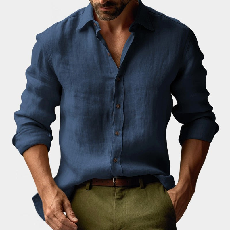 Benjamin | Men's Linen Shirt with Button-Down Collar, Long Sleeves Casual Shirt | My Sweet Wardrobe | Navy Blue