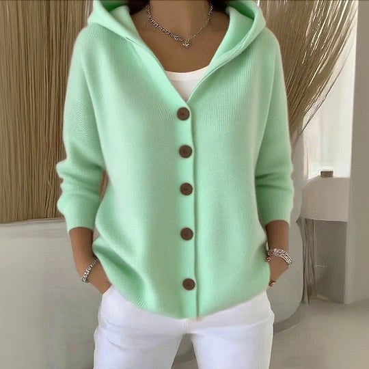 Berenice | Women's Long Sleeve Hooded Cardigan, A-Line Knit Cardigan | My Sweet Wardrobe | Yellow