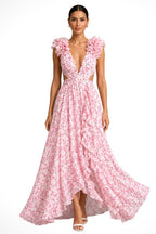 Bernadette | Women's Floral Maxi Dress with V-Neck and Ruffled Shoulders, Wedding Guest Dress | My Sweet Wardrobe | Pink