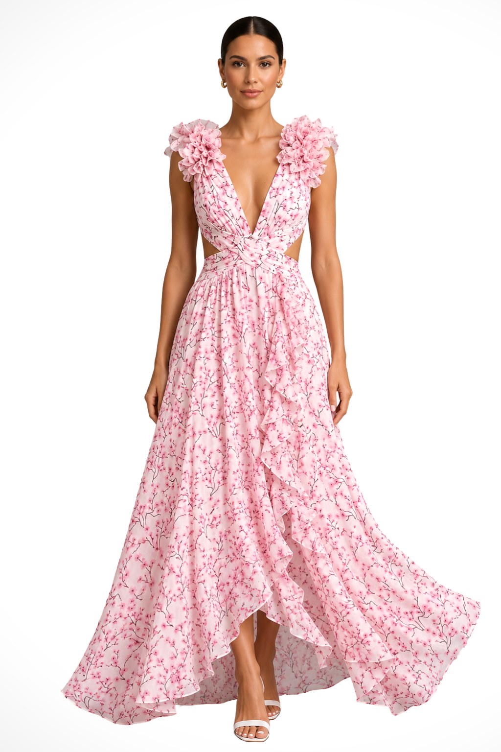 Bernadette | Women's Floral Maxi Dress with V-Neck and Ruffled Shoulders, Wedding Guest Dress | My Sweet Wardrobe | Pink