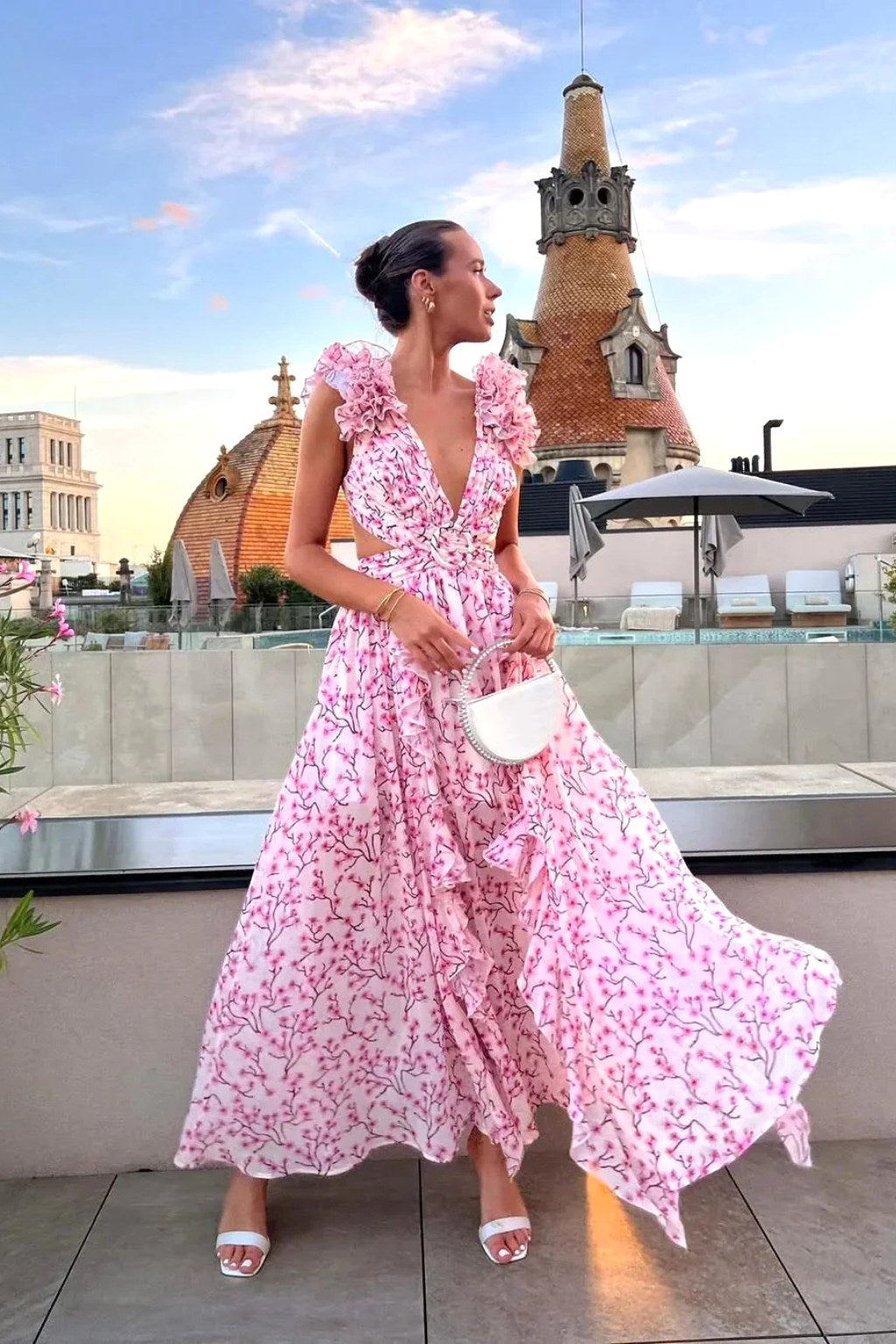 Bernadette | Women's Floral Maxi Dress with V-Neck and Ruffled Shoulders, Wedding Guest Dress | My Sweet Wardrobe | Orange