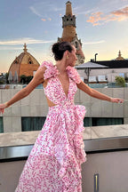 Bernadette | Women's Floral Maxi Dress with V-Neck and Ruffled Shoulders, Wedding Guest Dress | My Sweet Wardrobe