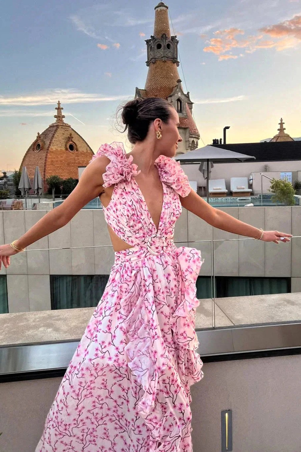 Bernadette | Women's Floral Maxi Dress with V-Neck and Ruffled Shoulders, Wedding Guest Dress | My Sweet Wardrobe