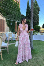 Bernadette | Women's Floral Maxi Dress with V-Neck and Ruffled Shoulders, Wedding Guest Dress | My Sweet Wardrobe