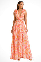 Bernadette | Women's Floral Maxi Dress with V-Neck and Ruffled Shoulders, Wedding Guest Dress | My Sweet Wardrobe
